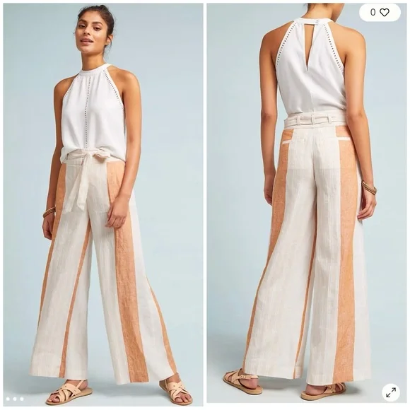 NWOT Anthropologie Ett:Twa 100% Linen Wide Leg Pants 00 Striped Office - Picture 1 of 12